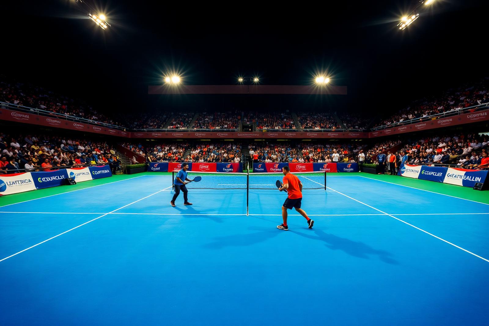 Packed pickleball arena during a competitive tournament match